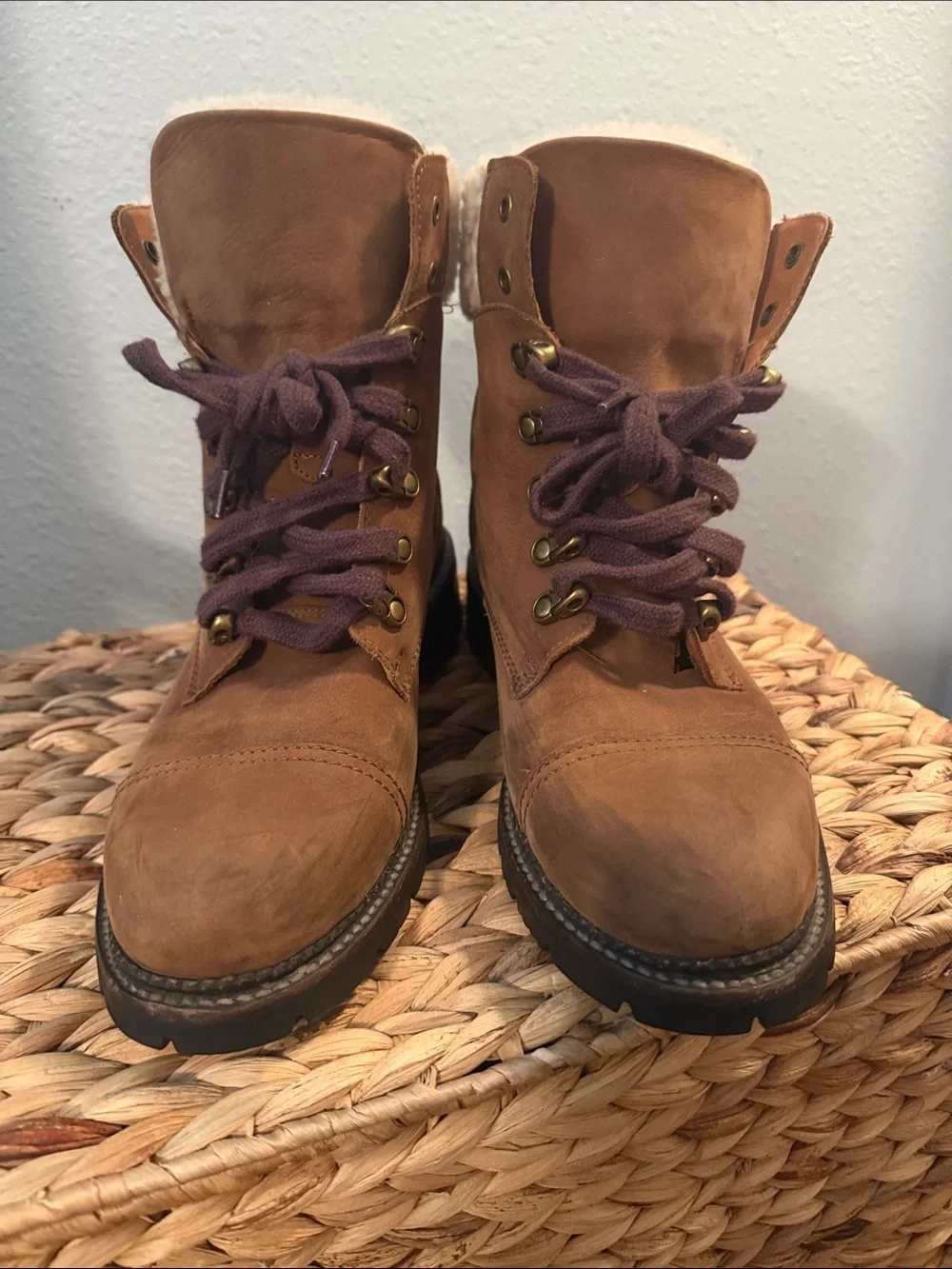 Frye Brown Leather Winter Boots with Purple Laces